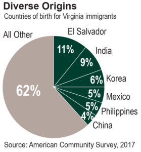 Pie chart showing the countries of birth for Virginia immigrants, based on American Community Survey 2017 data.  