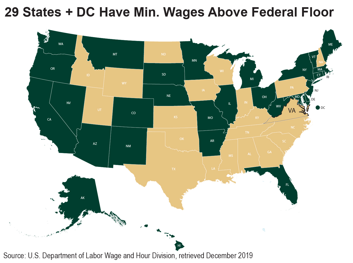 Map showing the 29 states along with D.C that have minimum wages above the federal floor