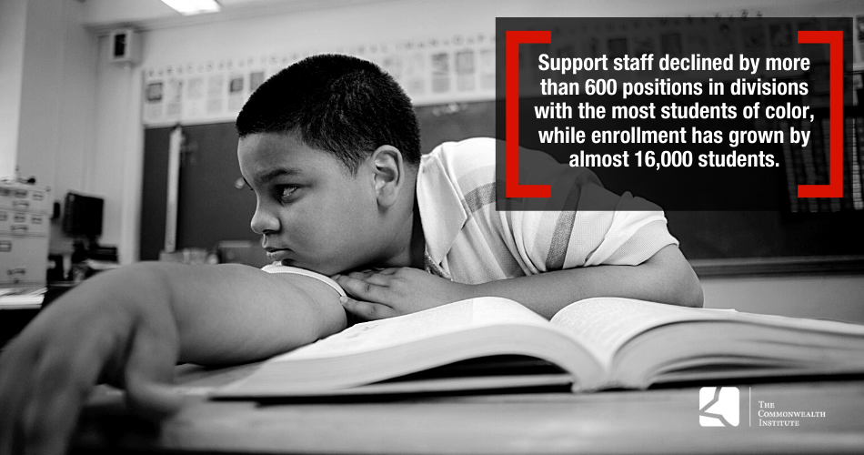Image of student at their desk with open book, appears disengaged from his work. Includes the following quote from the report - Support staff declined by more than 600 positions in divisions with the most students of color while enrollment has grown by almost 16000 students