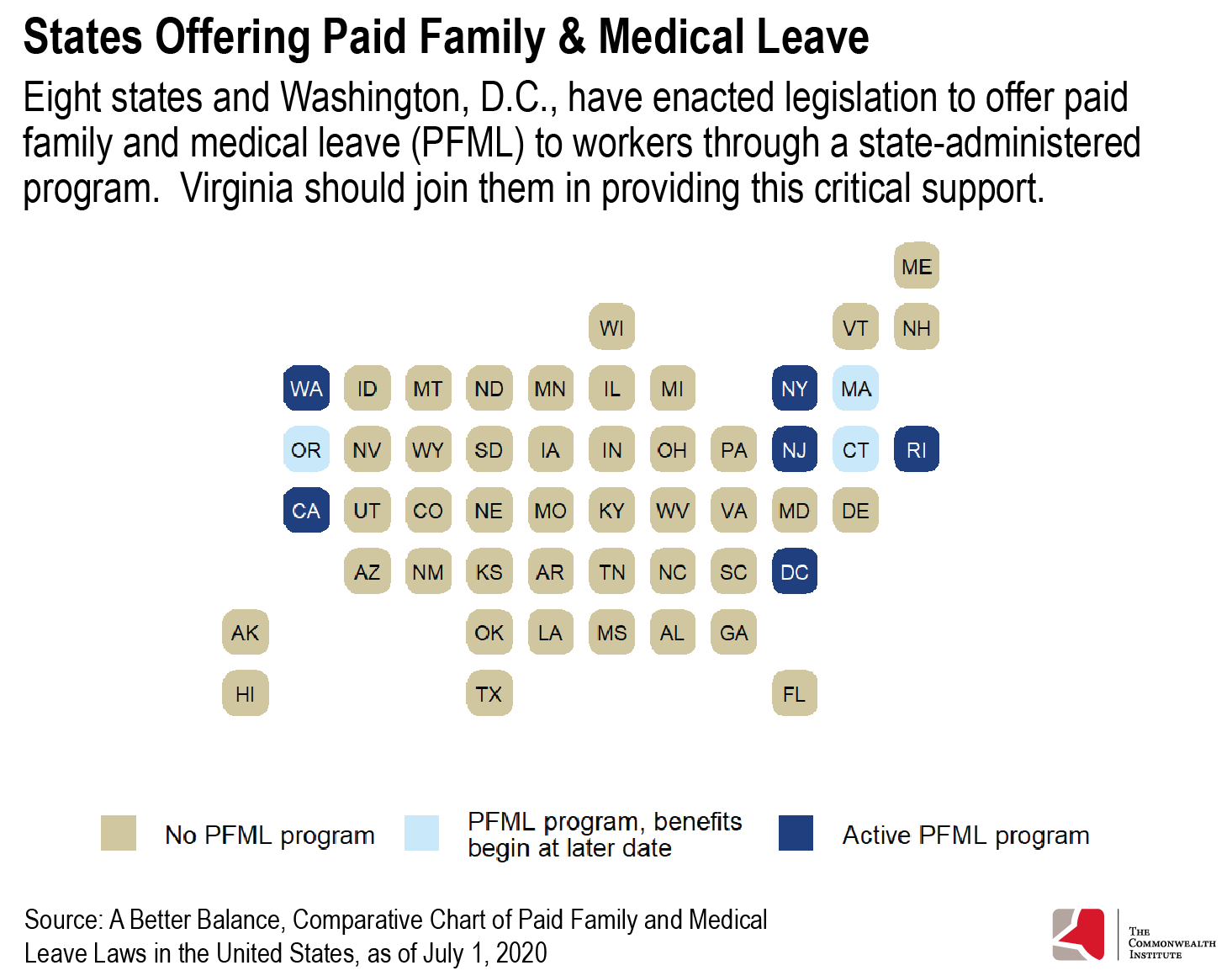 Map showing the states that have enacted legislation to provide paid family and medical leave through a state-administered program