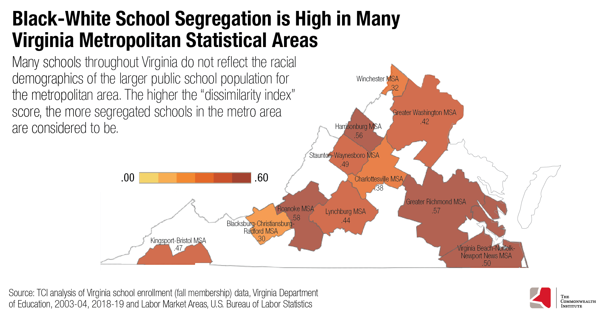 Map of Virginia showing the levels of Black-White school segregation in Virginia Metropolitan Statistical Areas. Many schools throughout Virginia do not reflect the racial demographics of the larger public school population for the metro area